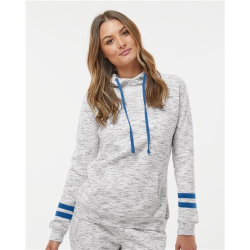 J America Womens Mélange Fleece Striped-Sleeve Hooded Sweatshirt