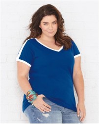 LAT Women's Curvy Retro Ringer Premium Jersey V-Neck Tee